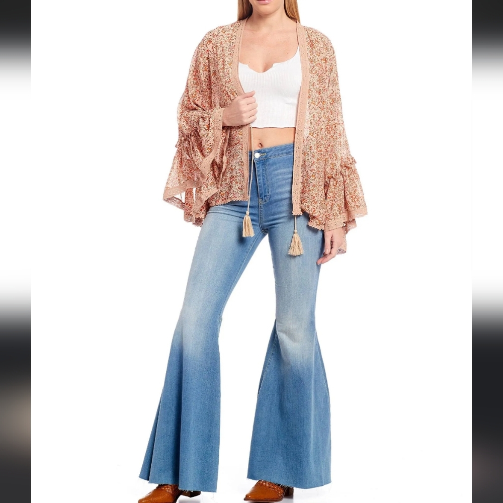 Free People Lola Kimono Top pink tan floral Combo L Large